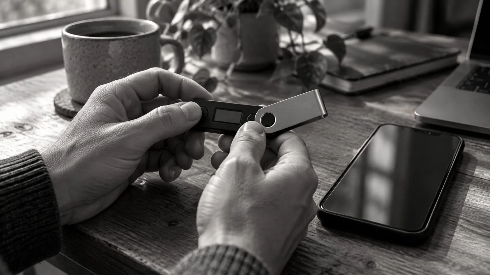 Hands examine an opened hardware wallet at an electronics repair counter in Bangkok, Thailand. / TokenPost.ai (mono)