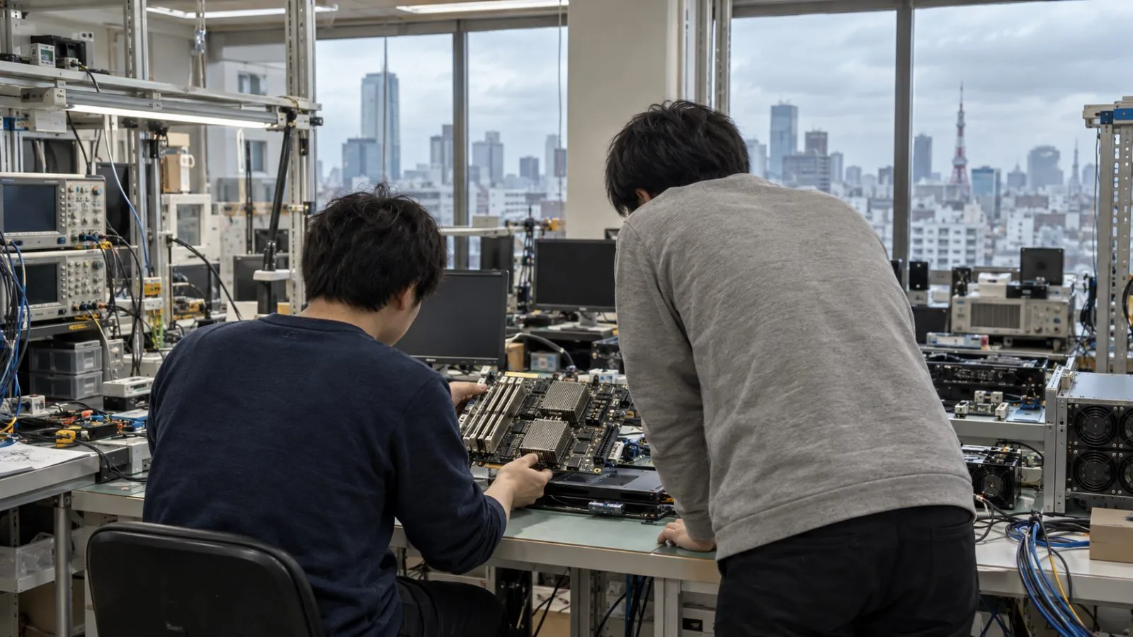 Researchers examine a computing board in a machine-learning laboratory in Tokyo, Japan. (AI-generated image / EconoTimes)
