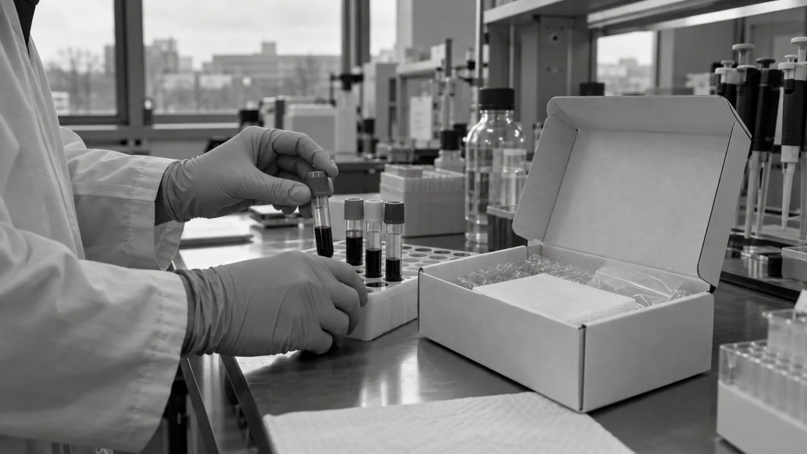 Gloved hands arrange blood sample tubes in an ALS research laboratory in Watertown, Massachusetts. (AI-generated image / EconoTimes)