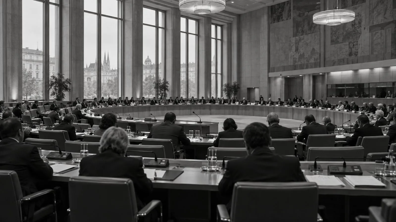 Delegates listen during an OSCE Permanent Council session in Vienna, Austria. (AI-generated image / EconoTimes)