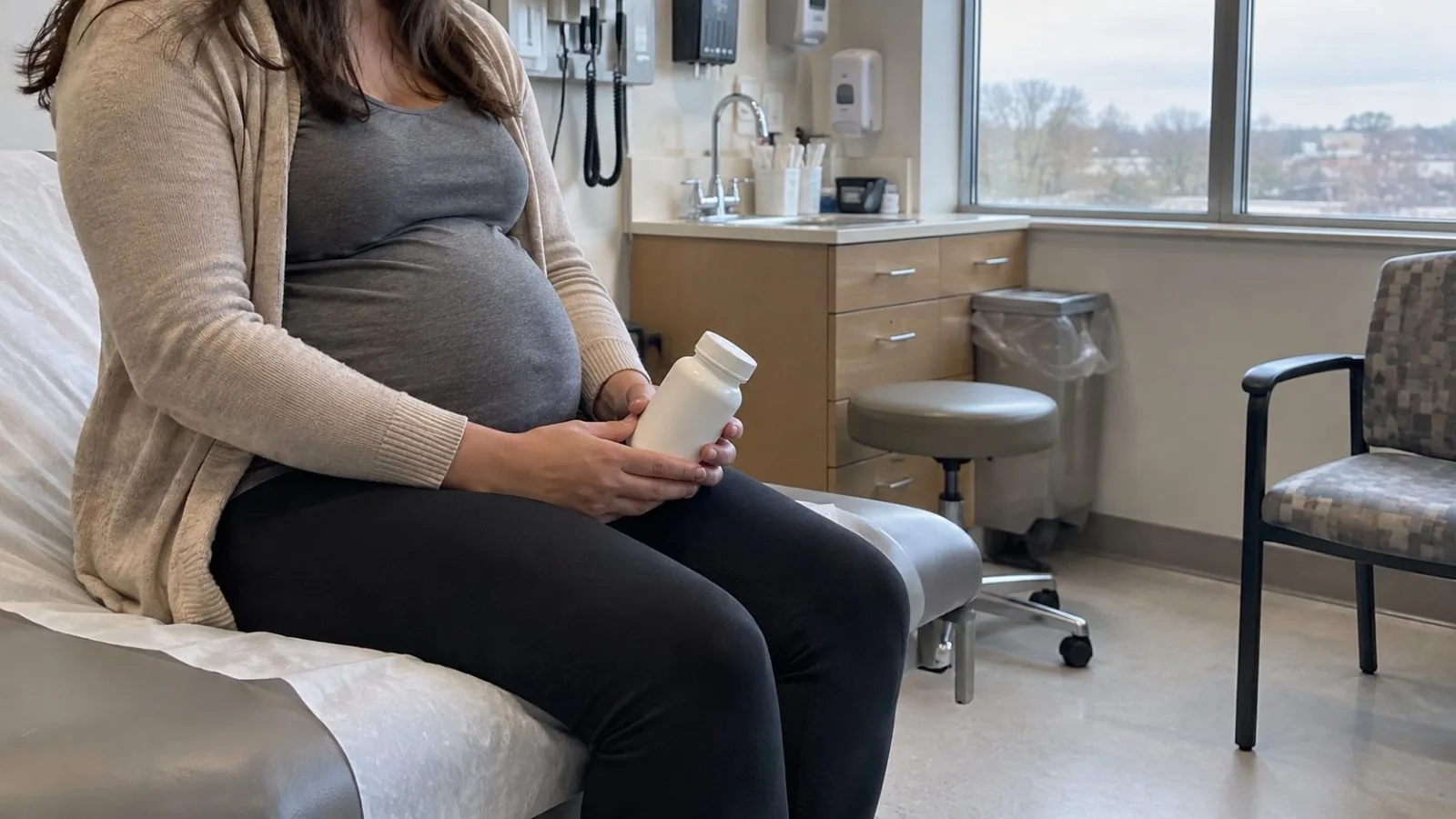 A pregnant patient holds a supplement bottle during a prenatal clinic visit in Aurora, Colorado. (AI-generated image / EconoTimes)