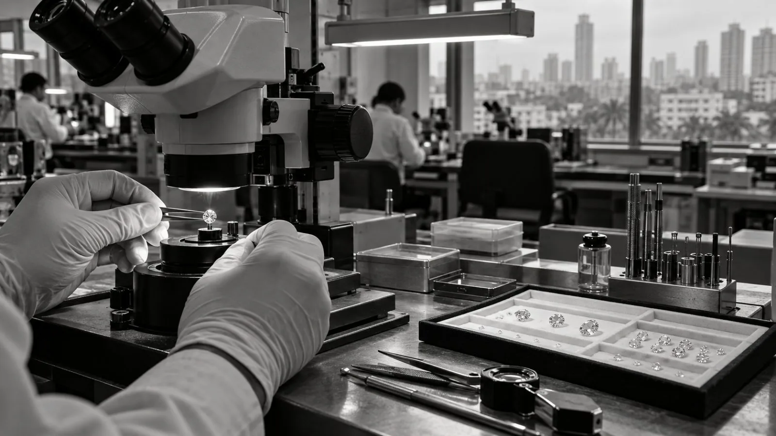 A gem grader examines a loose diamond at a certification laboratory in Mumbai, India. (AI-generated image / EconoTimes)