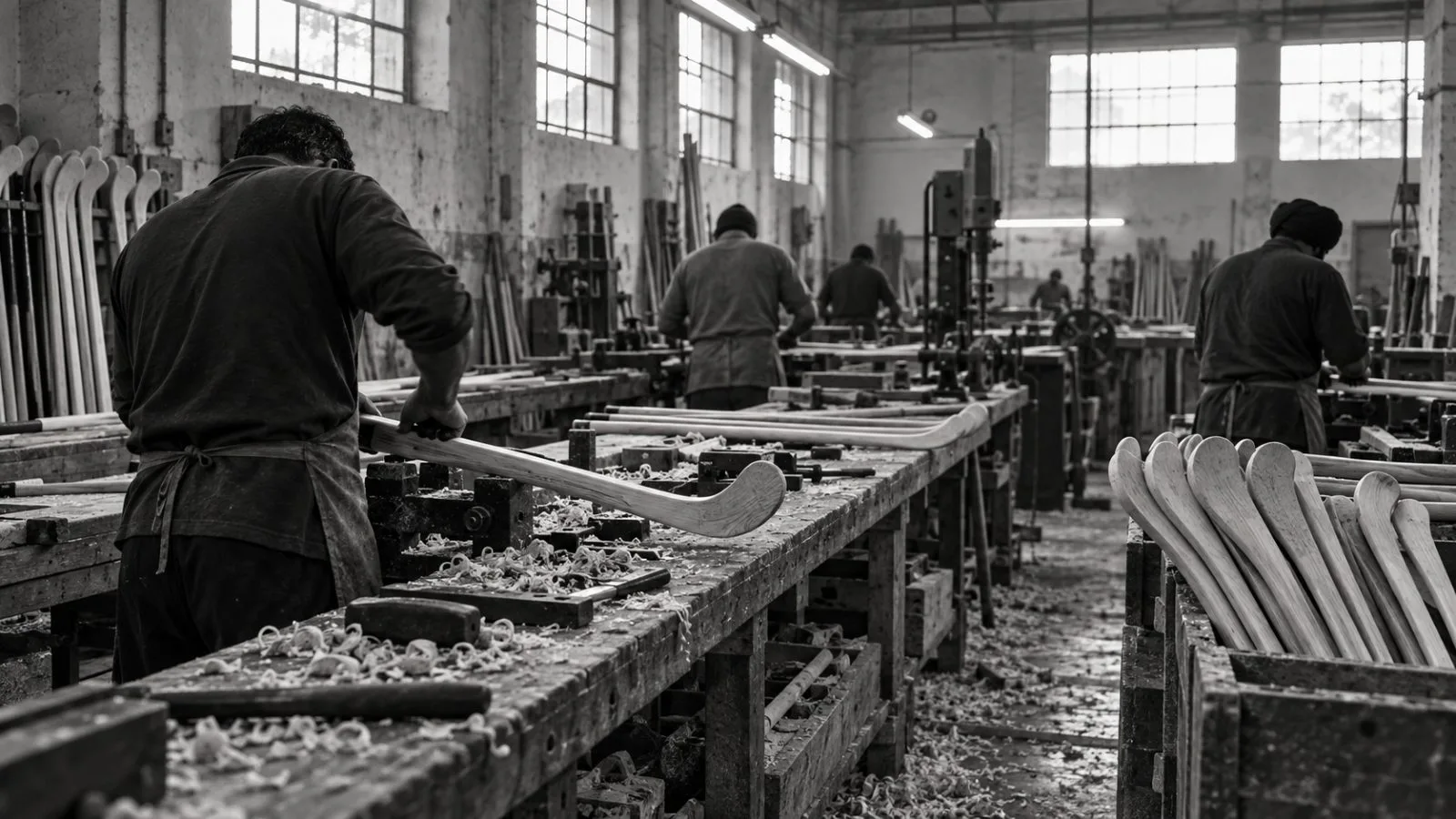 Workers shape wooden hockey sticks on a production line in Jalandhar, India. (AI-generated image / EconoTimes)