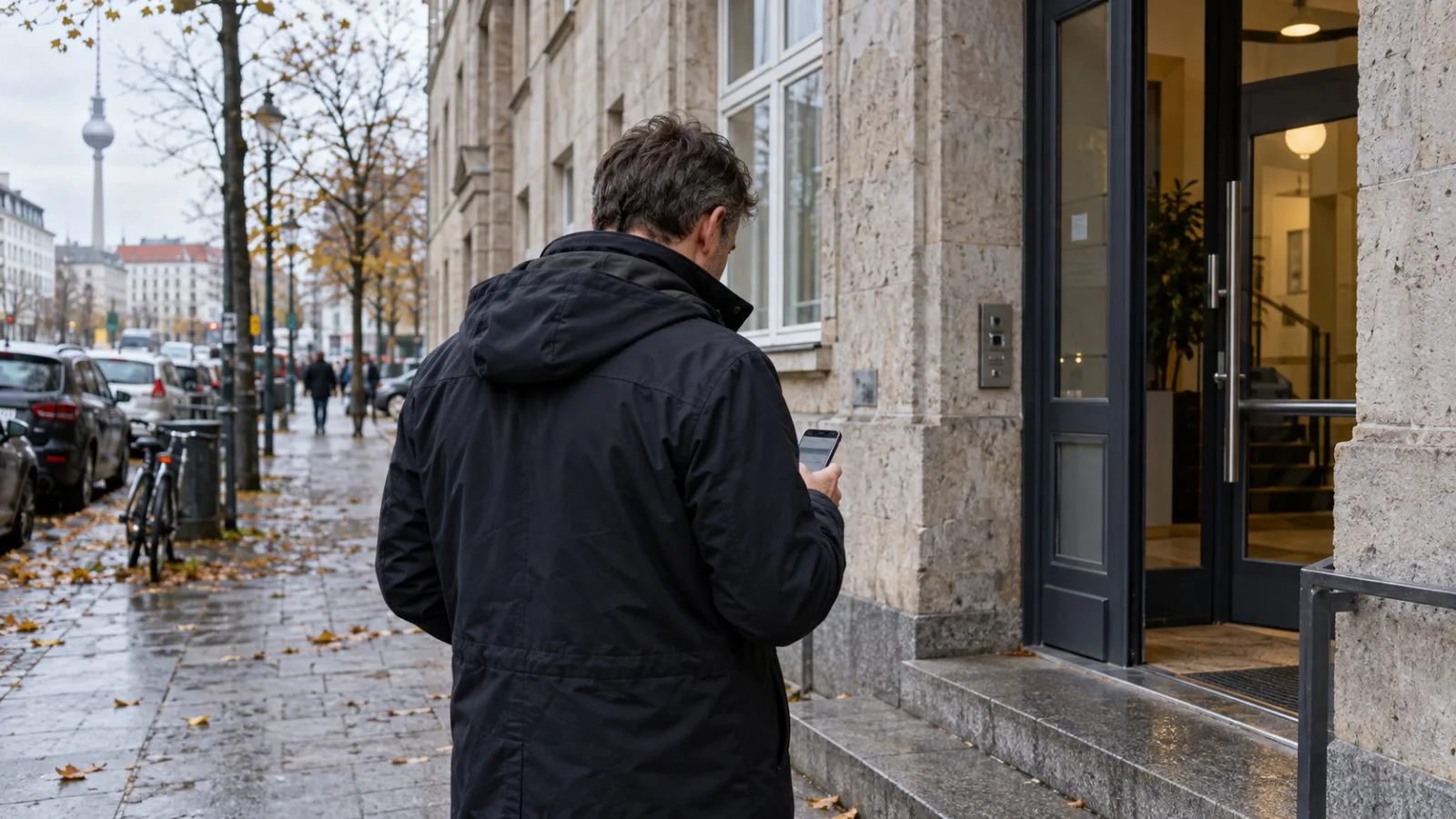 A person checks a phone outside a party office in Berlin, Germany. (AI-generated image / EconoTimes)