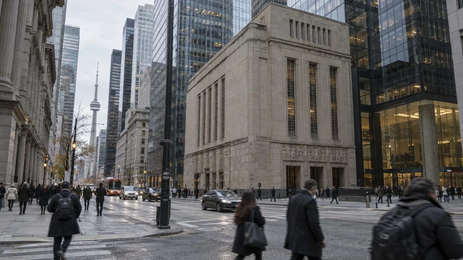 Commuters pass financial district buildings near the Toronto Stock Exchange in Toronto. (AI-generated image / EconoTimes)