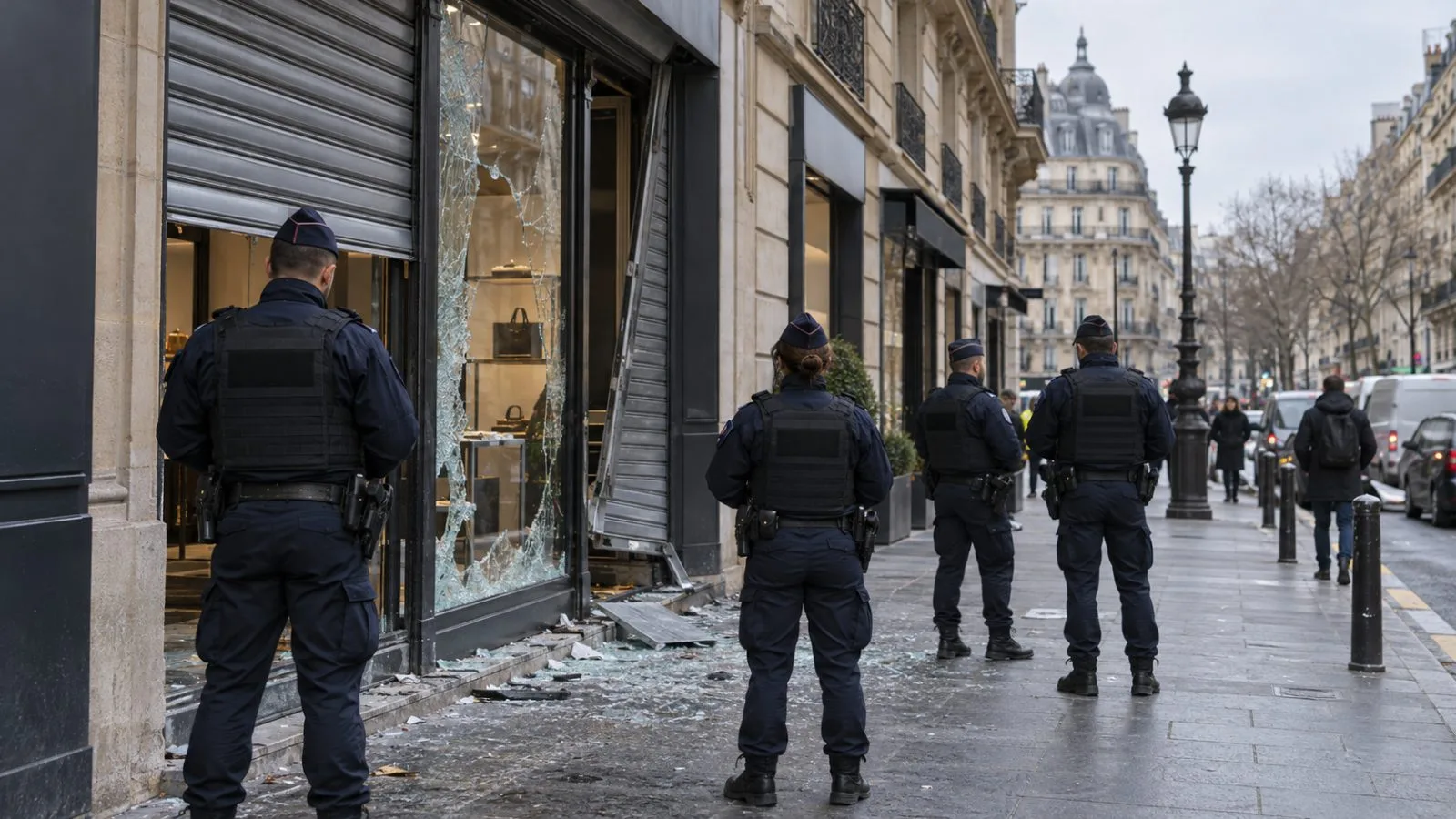 Police stand near a damaged shopfront on a shopping street in Paris. (AI-generated image / EconoTimes)