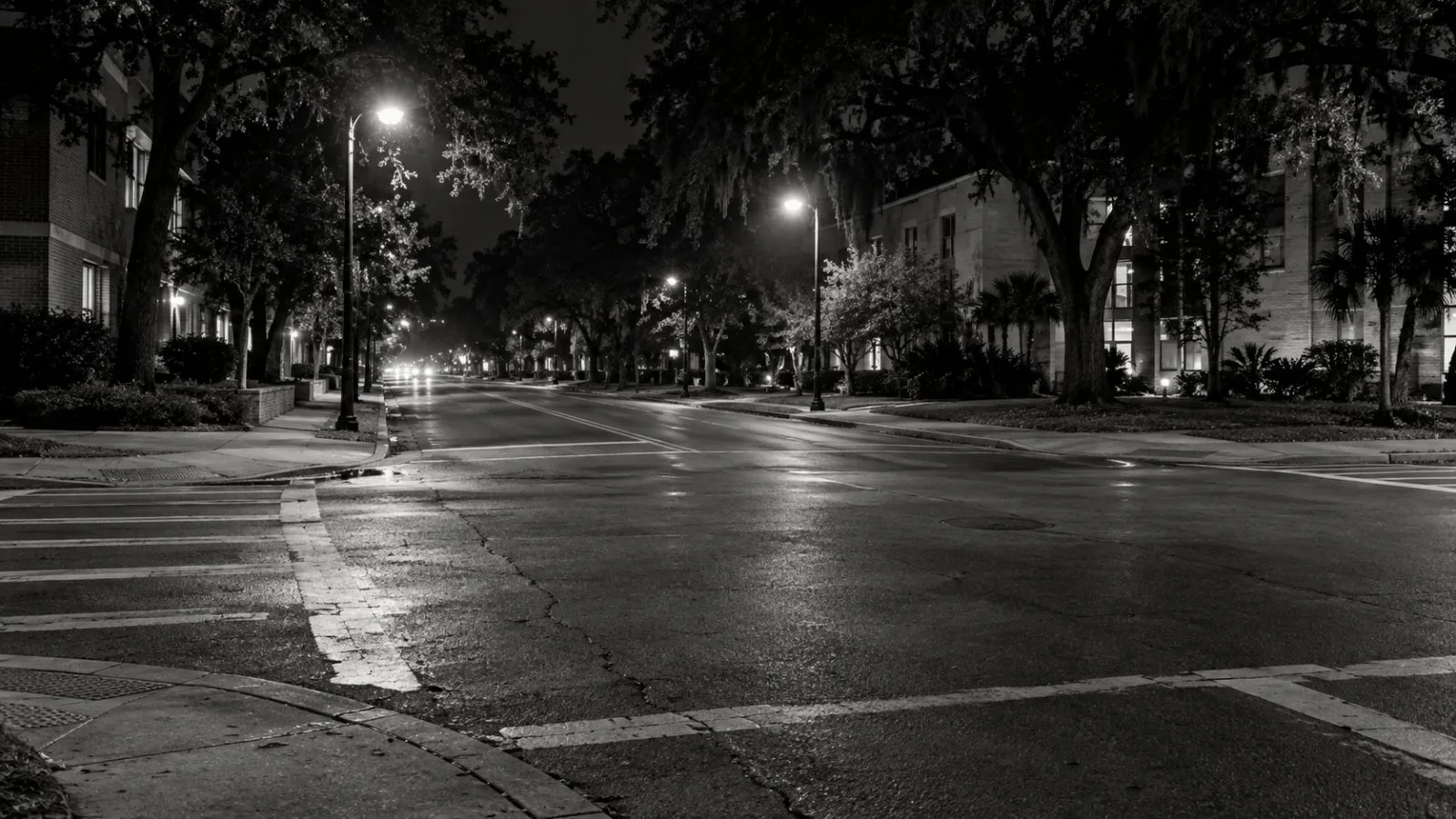 A quiet intersection near Florida A&M University sits under streetlights in Tallahassee, Florida. (AI-generated image / EconoTimes)