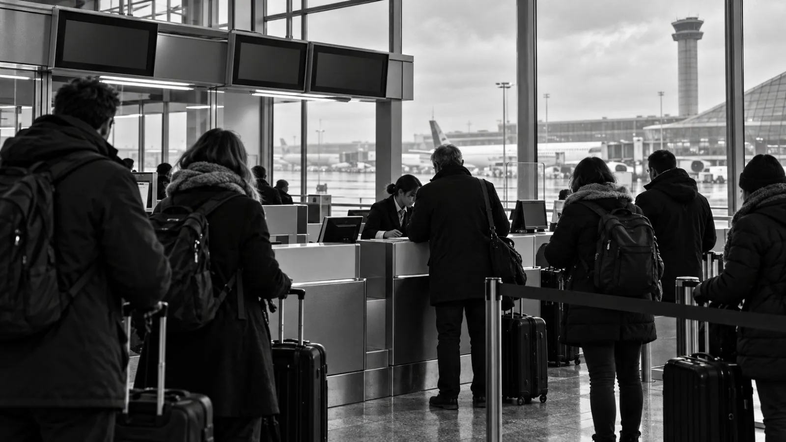 Travelers wait with carry-on bags near a passenger service counter at Charles de Gaulle Airport in Paris / EconoTimes.ai