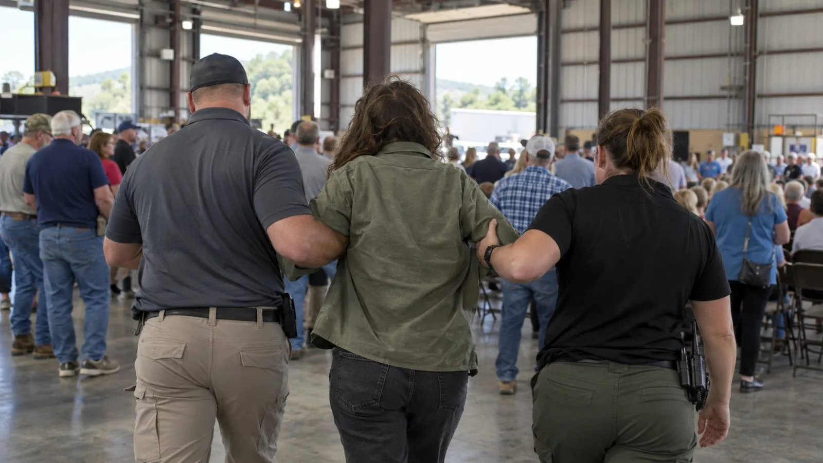 An attendee is escorted through a rally crowd at Hyder Warehouse in Hendersonville, North Carolina. (AI-generated image / EconoTimes)