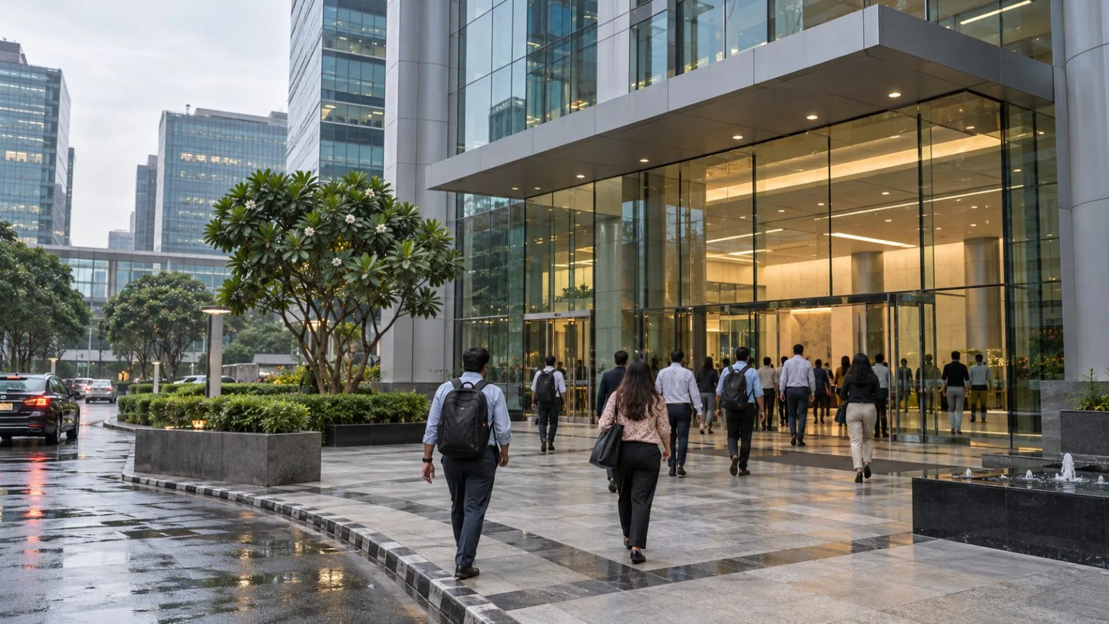 Employees enter an office tower in Gurugram’s DLF Cyber City, Haryana. (AI-generated image / EconoTimes)