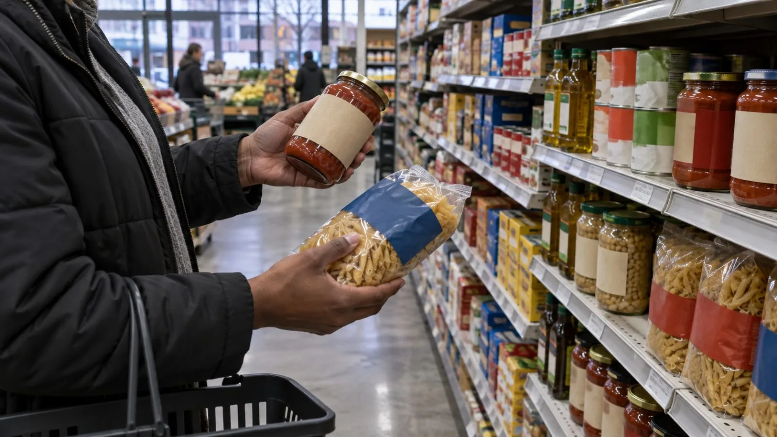 A shopper compares groceries in a Washington, D.C., supermarket. (AI-generated image / EconoTimes)