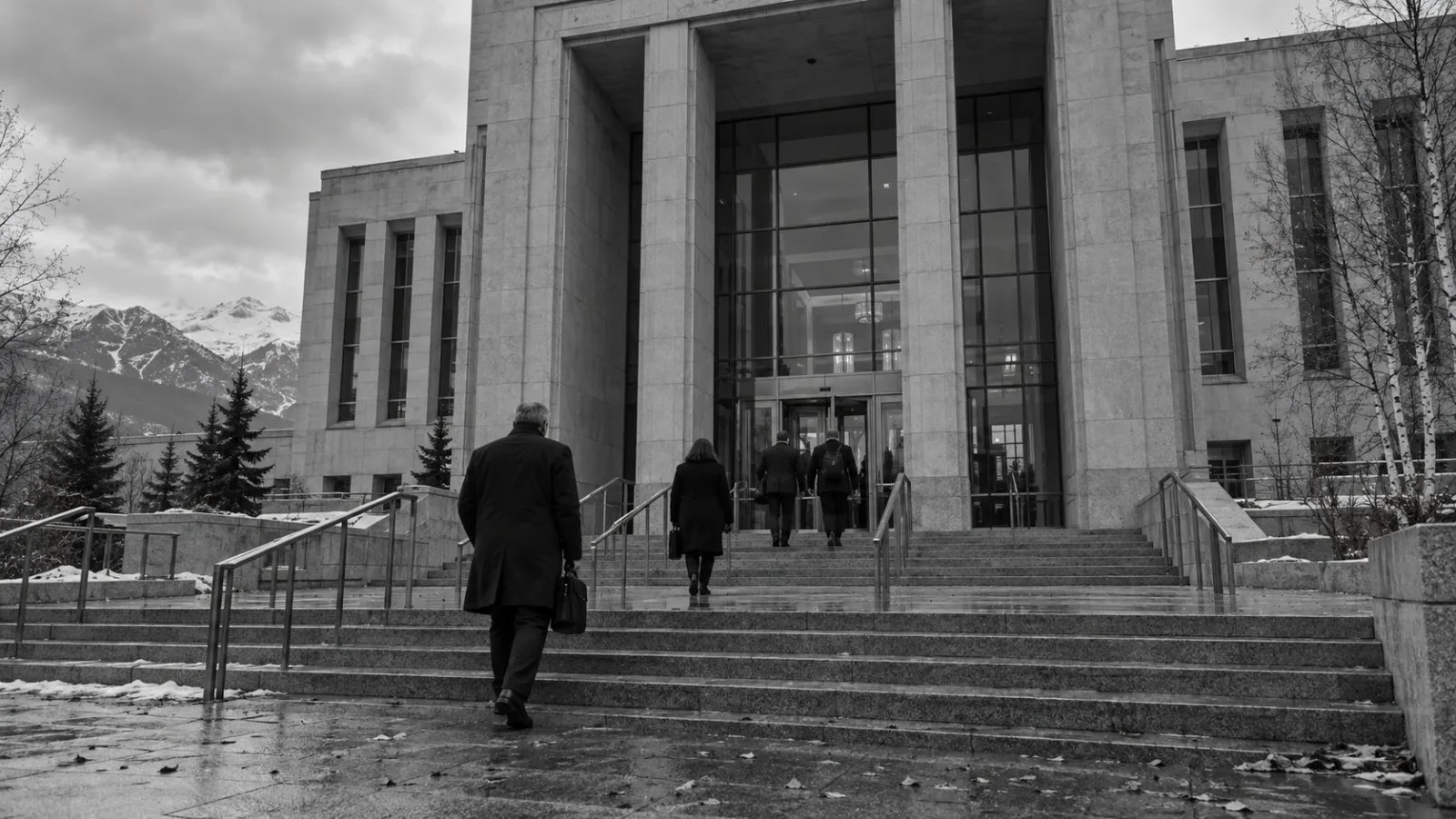 The federal courthouse entrance stands beneath overcast autumn skies in downtown Anchorage, Alaska. (AI-generated image / EconoTimes)