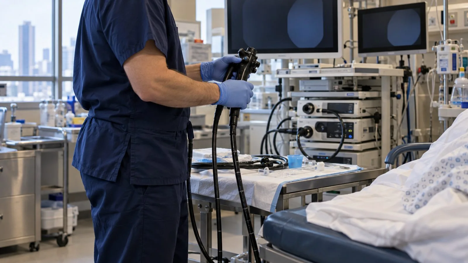 A clinician prepares a colonoscope in an endoscopy suite at a Chicago hospital. (AI-generated image / EconoTimes)