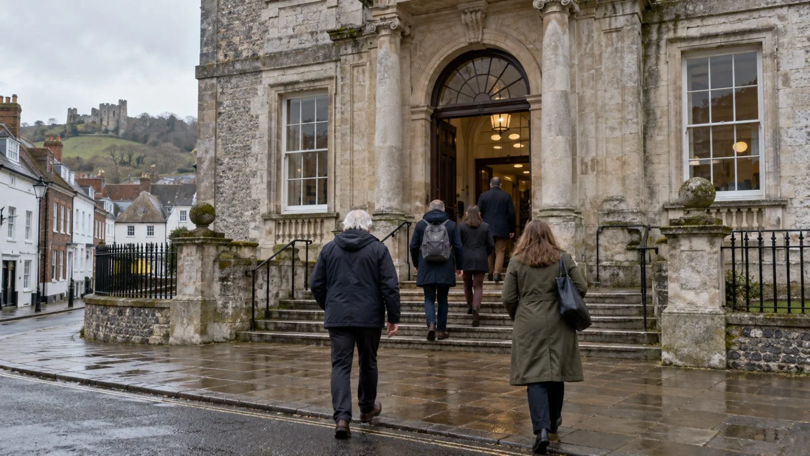 People walk outside council offices in Lewes, England, under overcast skies. (AI-generated image / EconoTimes)