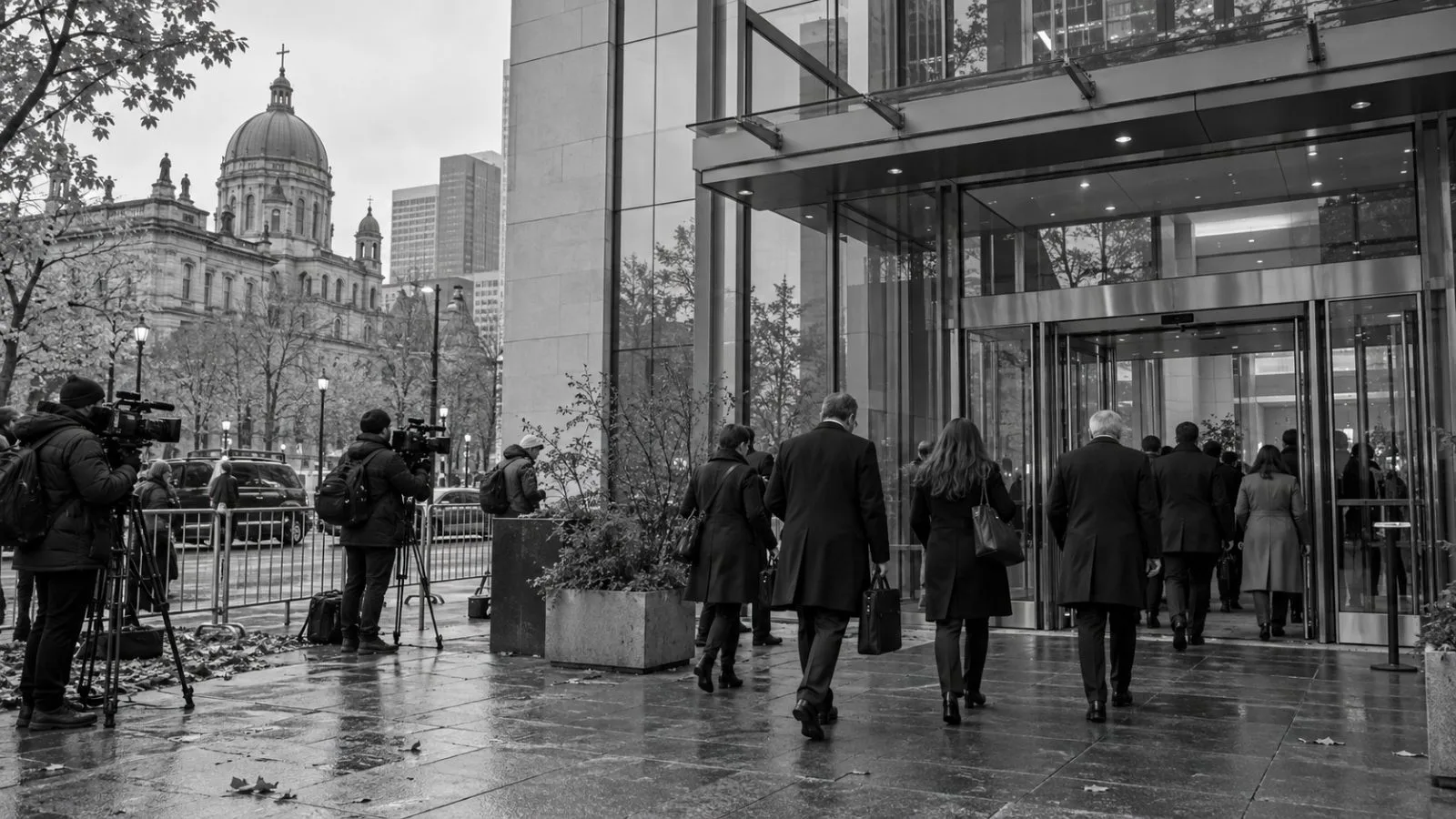 Delegates in coats walk toward a conference entrance in Montréal, Canada. / EconoTimes.ai (mono)