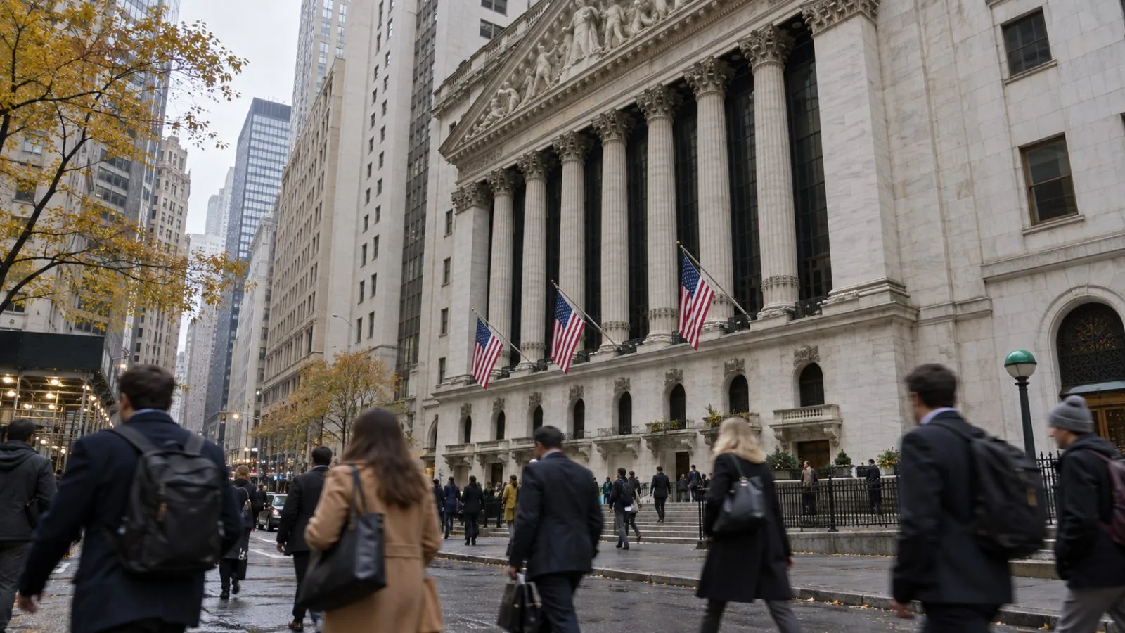 Commuters pass the New York Stock Exchange on Wall Street beneath an overcast autumn sky. (AI-generated image / EconoTimes)