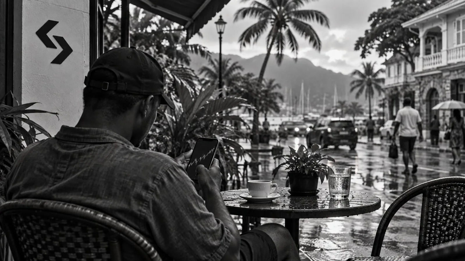 A customer checks a market simulation on a smartphone at a café in Victoria, Seychelles. / EconoTimes.ai