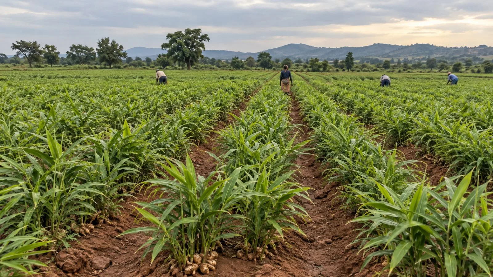 Rows of ginger plants grow on a smallholder farm in Kaduna State, Nigeria. (AI-generated image / EconoTimes)