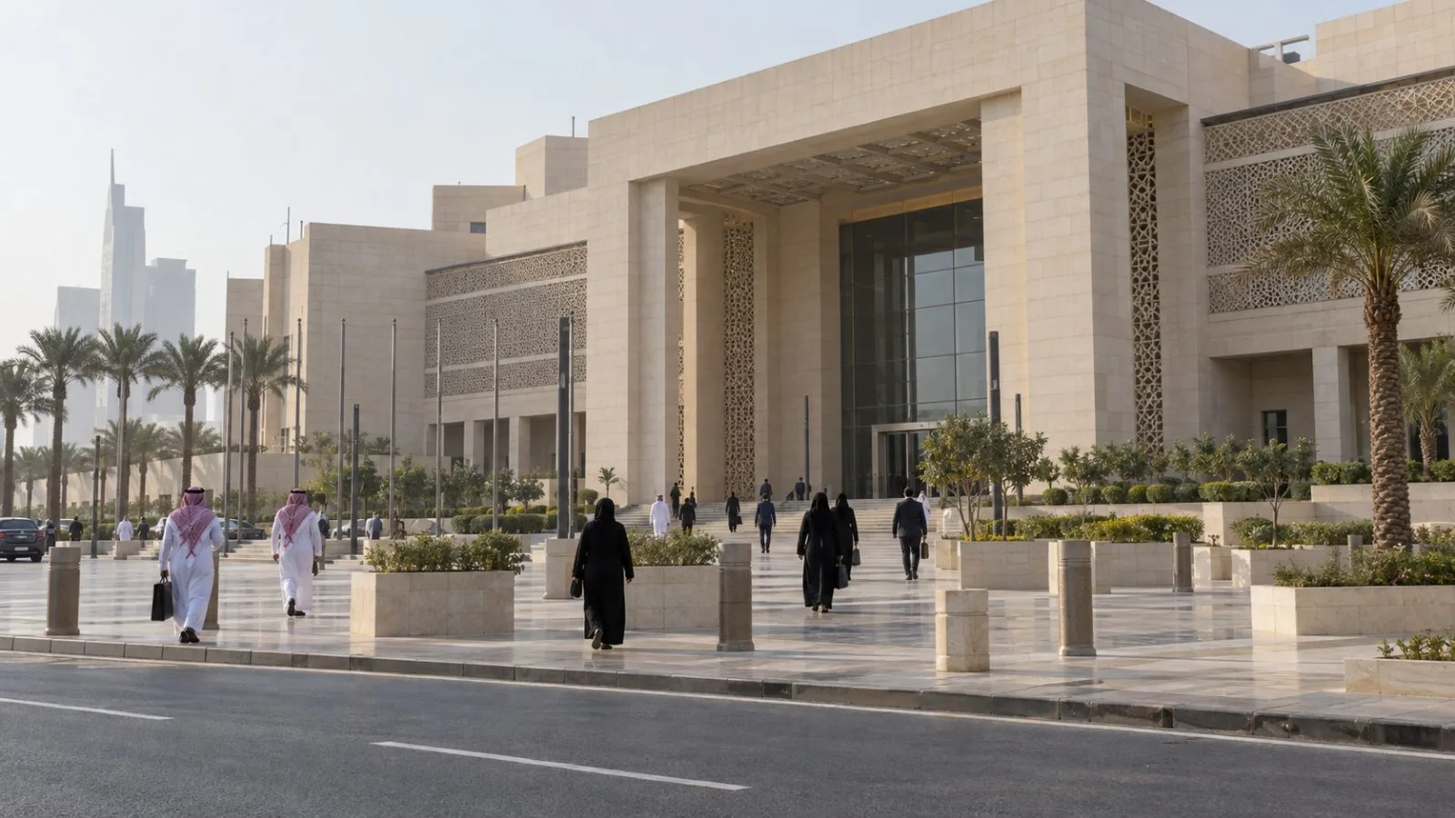 Staff cross the forecourt outside the Saudi Ministry of Foreign Affairs in Riyadh, Saudi Arabia. (AI-generated image / EconoTimes)