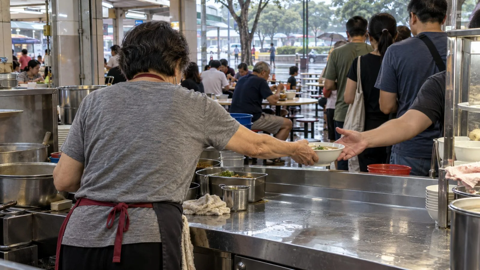 An older stall worker passes a bowl across the counter at a hawker centre in Singapore. (AI-generated image / EconoTimes)