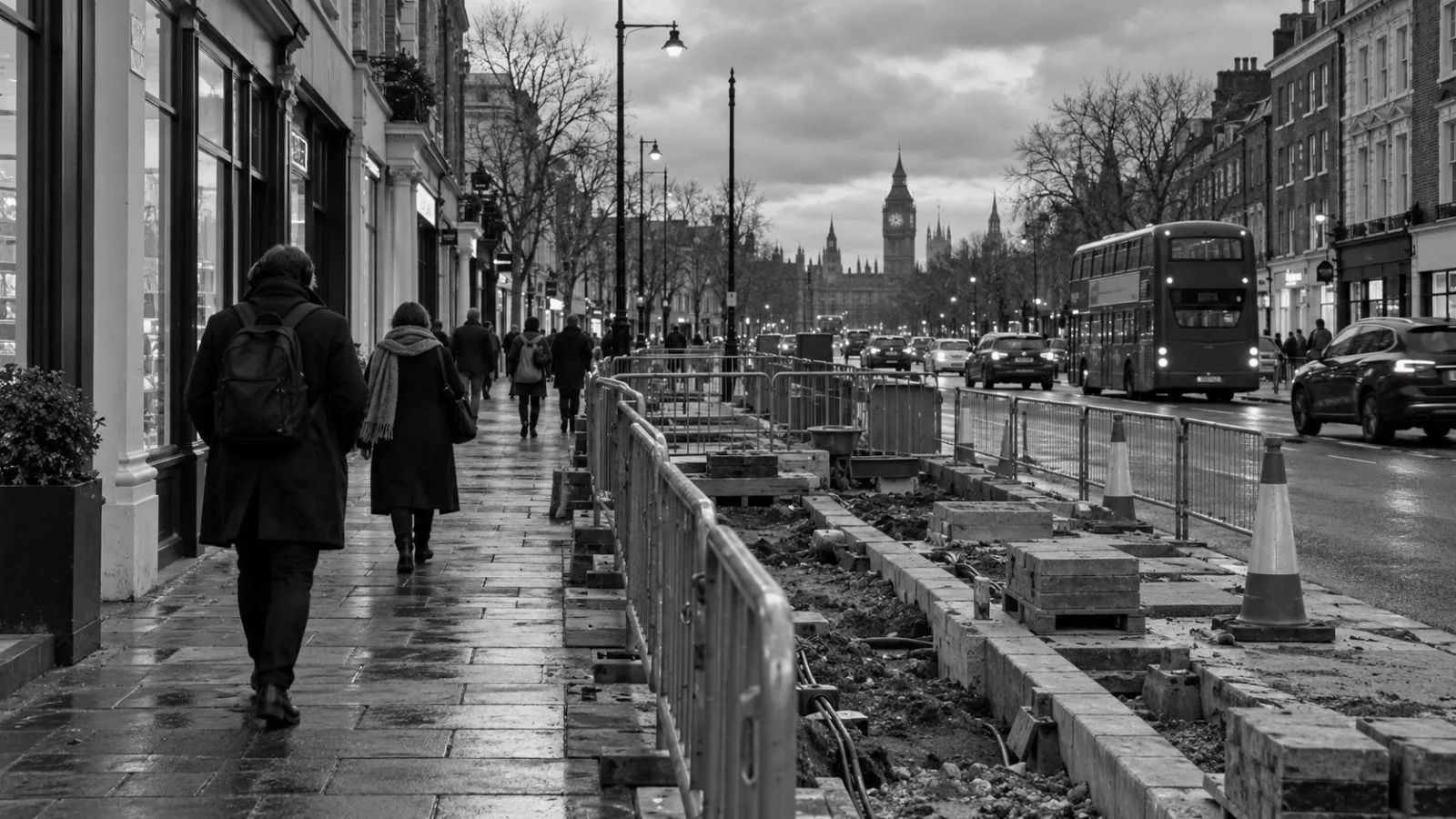 Pedestrians pass fenced street works on a high street in London, England. (AI-generated image / EconoTimes)