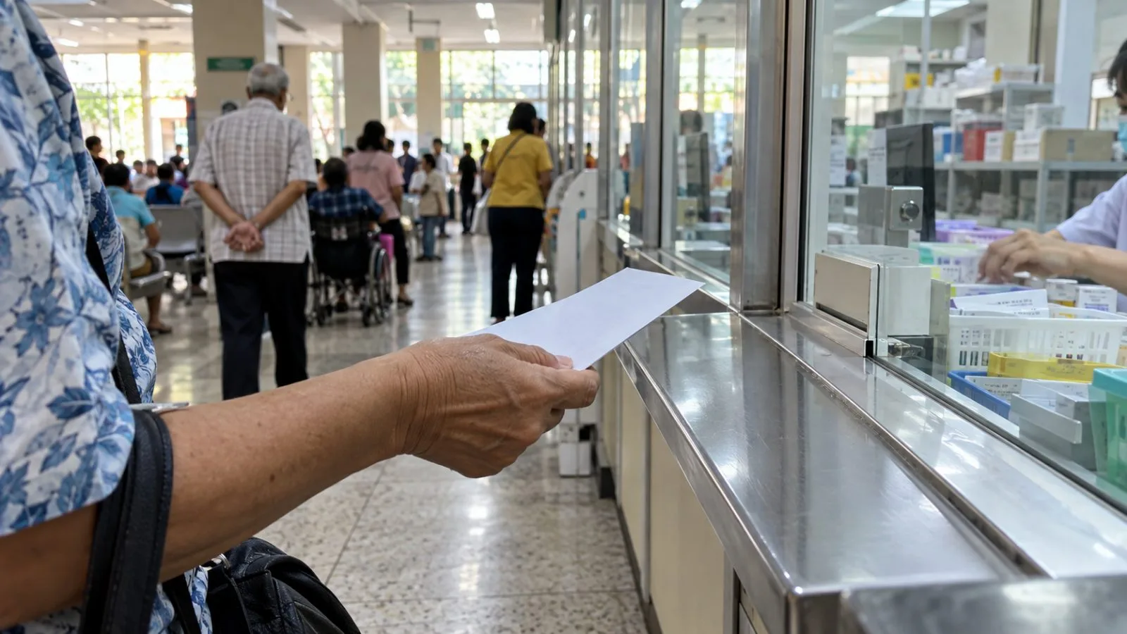 Patients wait at a public hospital pharmacy in Bangkok, Thailand, as prescriptions are dispensed. (AI-generated image / EconoTimes)