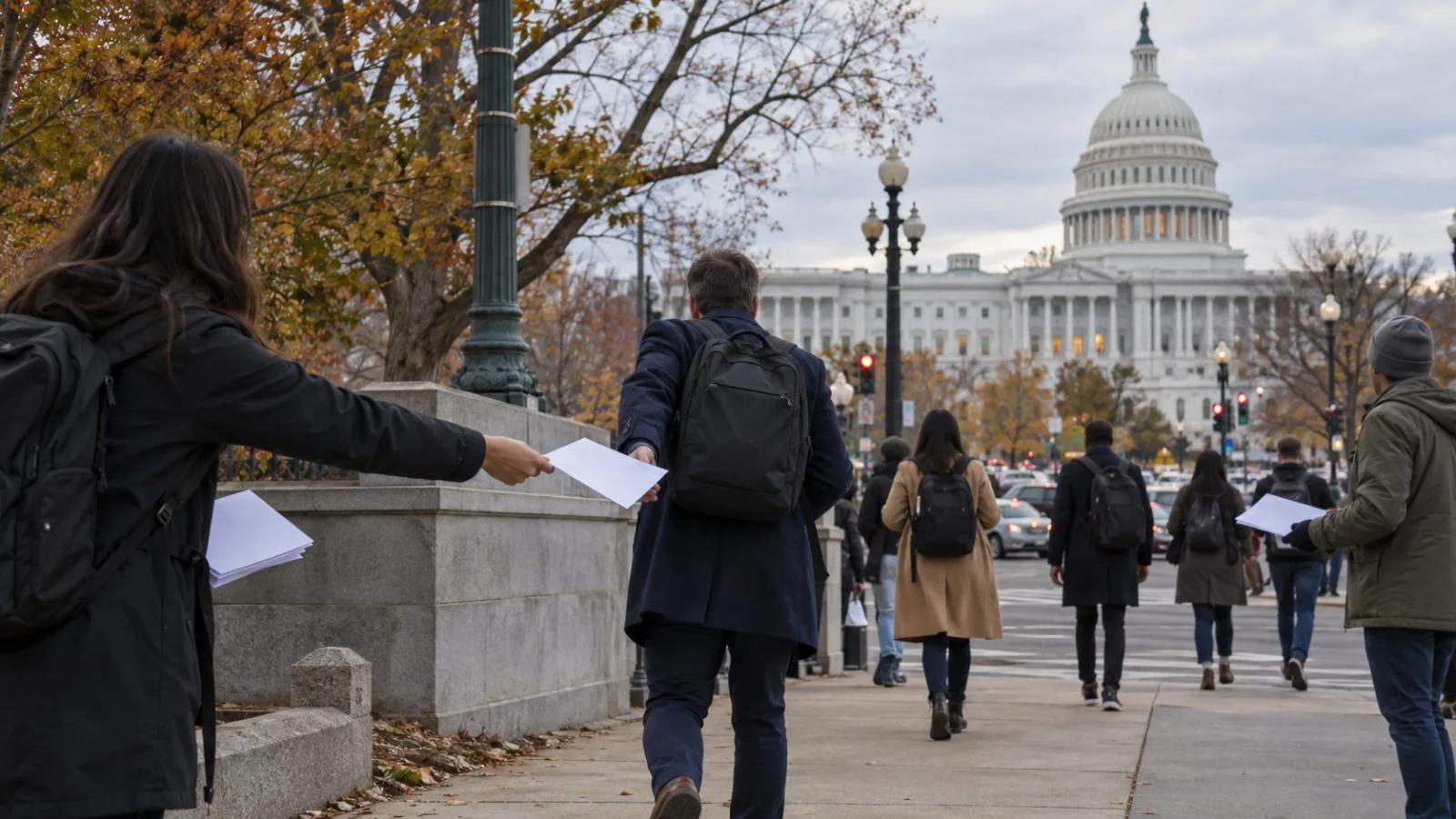 Campaign volunteers distribute leaflets outside the U.S. Capitol in Washington, D.C. (AI-generated image / EconoTimes)
