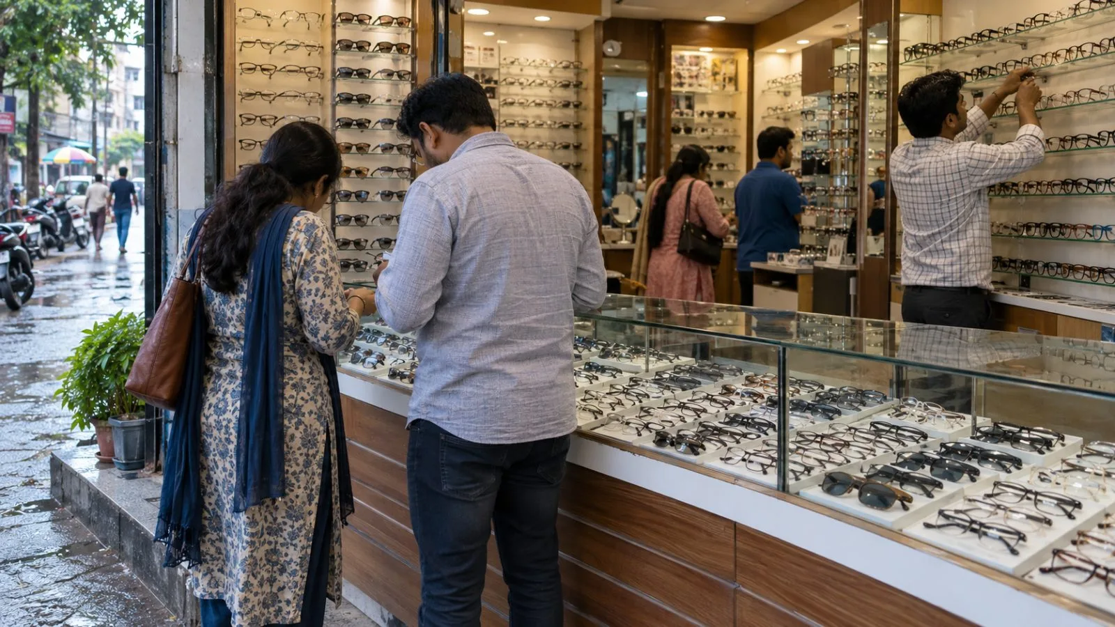 Shoppers browse eyeglass frames at a retail store in Nashik, India. (AI-generated image / EconoTimes)