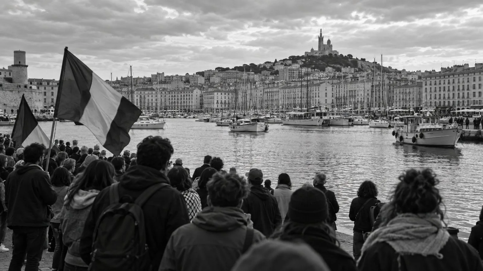 Demonstrators gather along Marseille’s Vieux-Port after a fatal shooting near Paris (AI-generated image / EconoTimes)