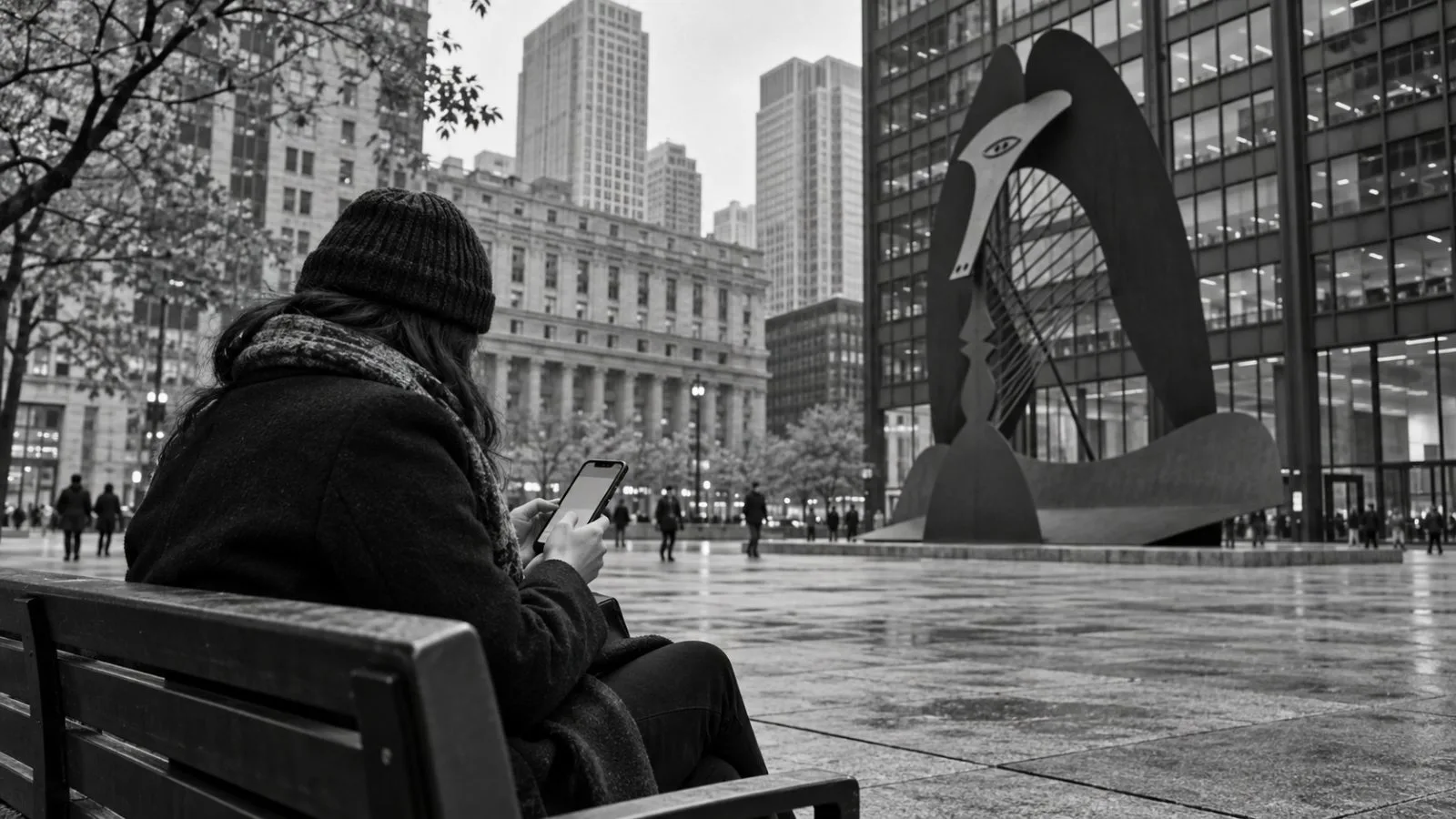 An adult uses a smartphone at Daley Plaza in downtown Chicago on an overcast afternoon. (AI-generated image / EconoTimes)