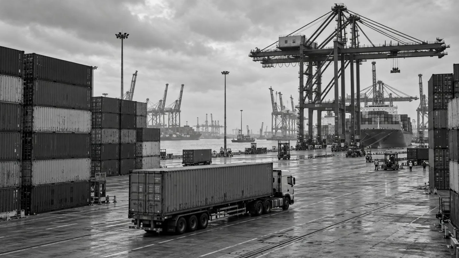 Containers stand beneath quay cranes at a terminal in Hai Phong, Vietnam. (AI-generated image / EconoTimes)
