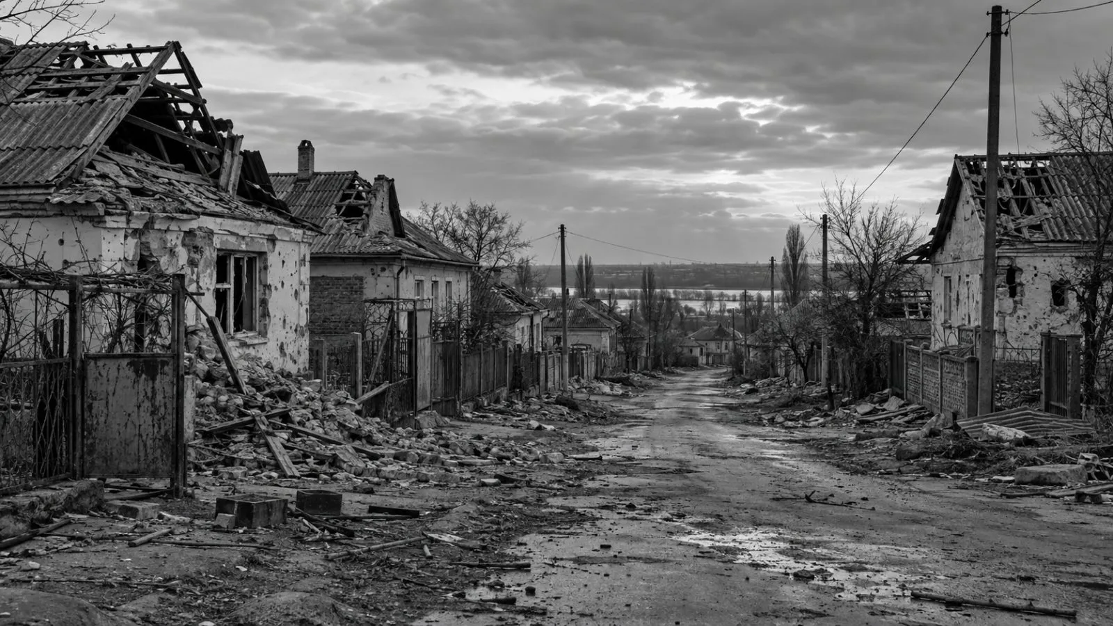 A quiet, war-damaged street in Oleshky, in Ukraine’s southern Kherson region. (AI-generated image / EconoTimes)