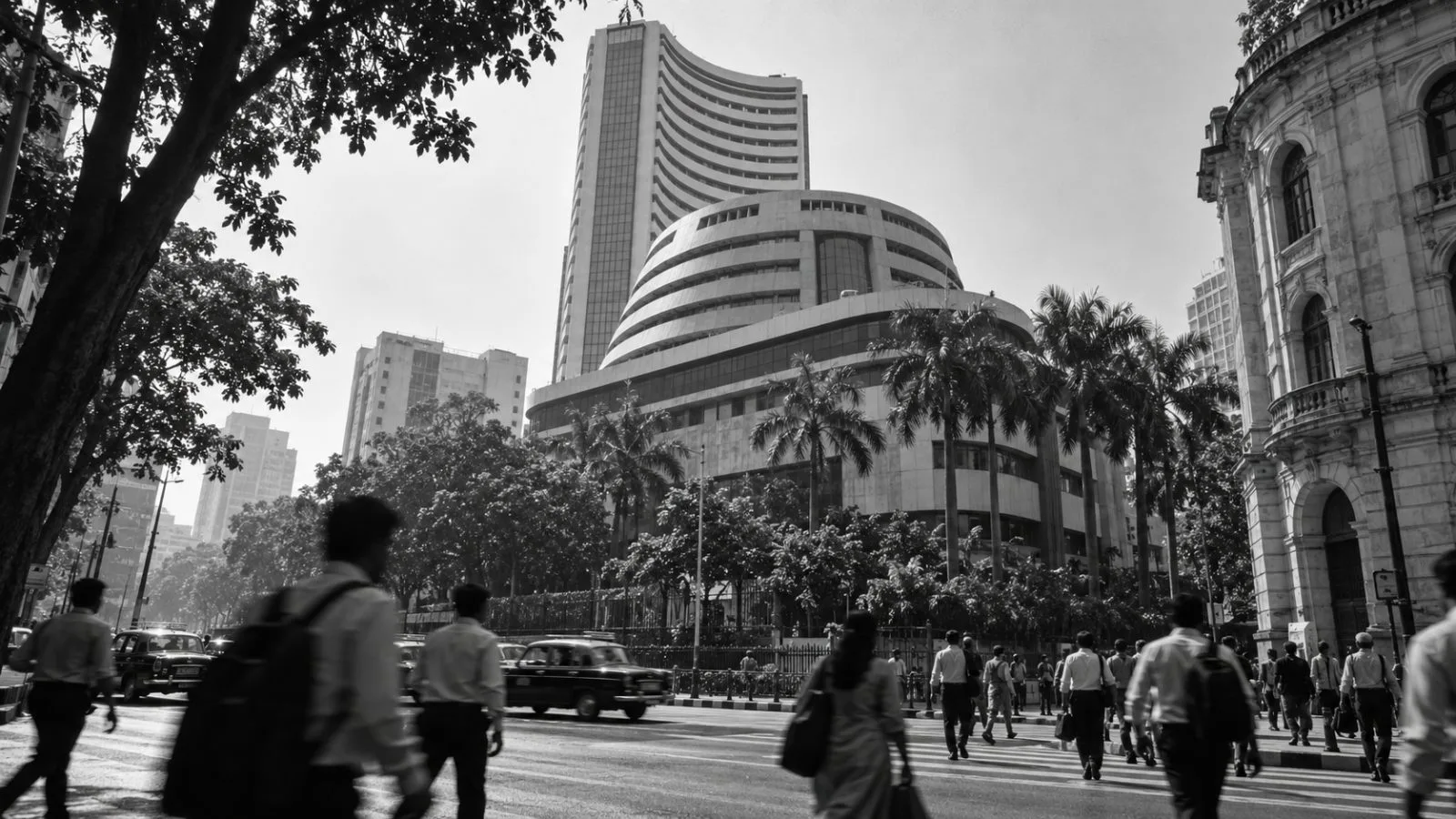 Pedestrians pass the Bombay Stock Exchange building on Dalal Street in Mumbai, India. (AI-generated image / EconoTimes)