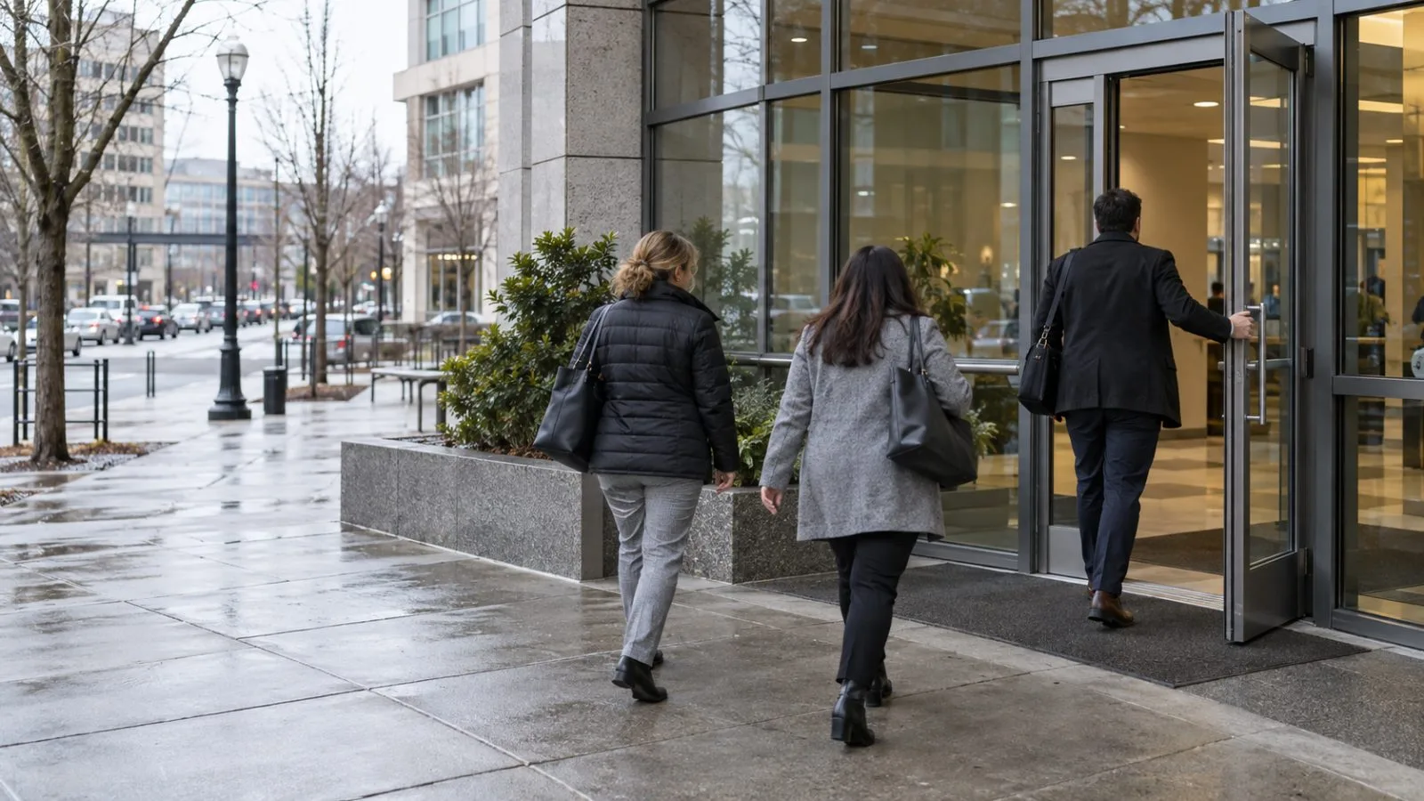 Office workers enter a building on Main Street in Vancouver, Washington. (AI-generated image / EconoTimes)