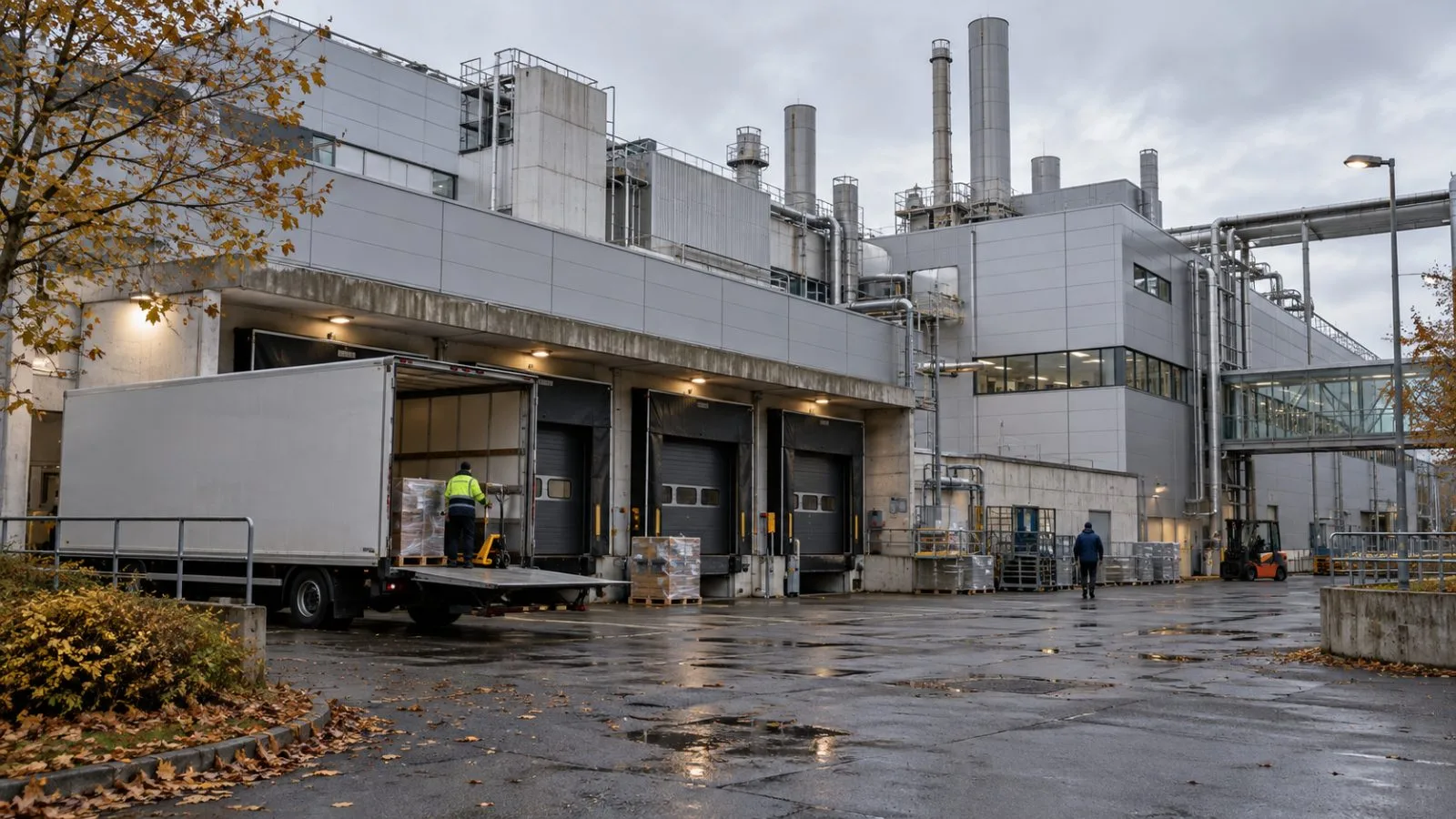 An industrial manufacturing building stands in Dortmund, Germany, beneath a gray autumn sky. (AI-generated image / EconoTimes)