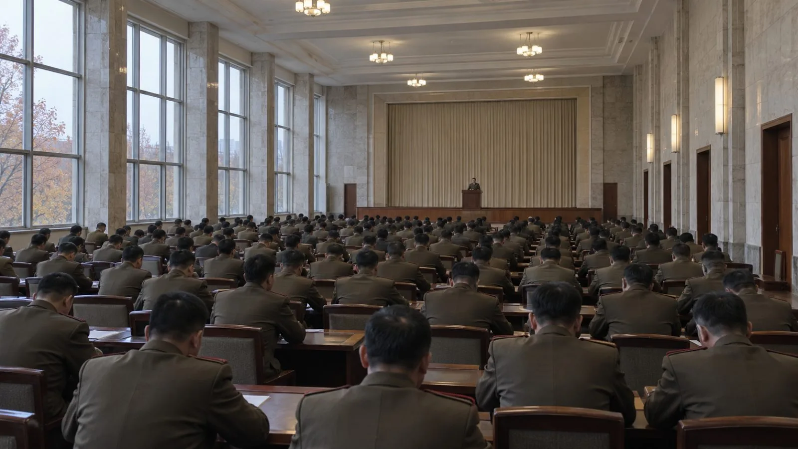 Army officers gather in a conference hall in Pyongyang, North Korea (AI-generated image / EconoTimes)