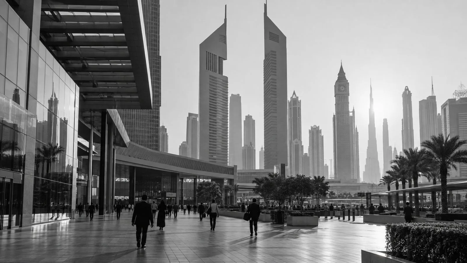 Pedestrians cross a shaded plaza beside office towers in Dubai, United Arab Emirates. (AI-generated image / EconoTimes)