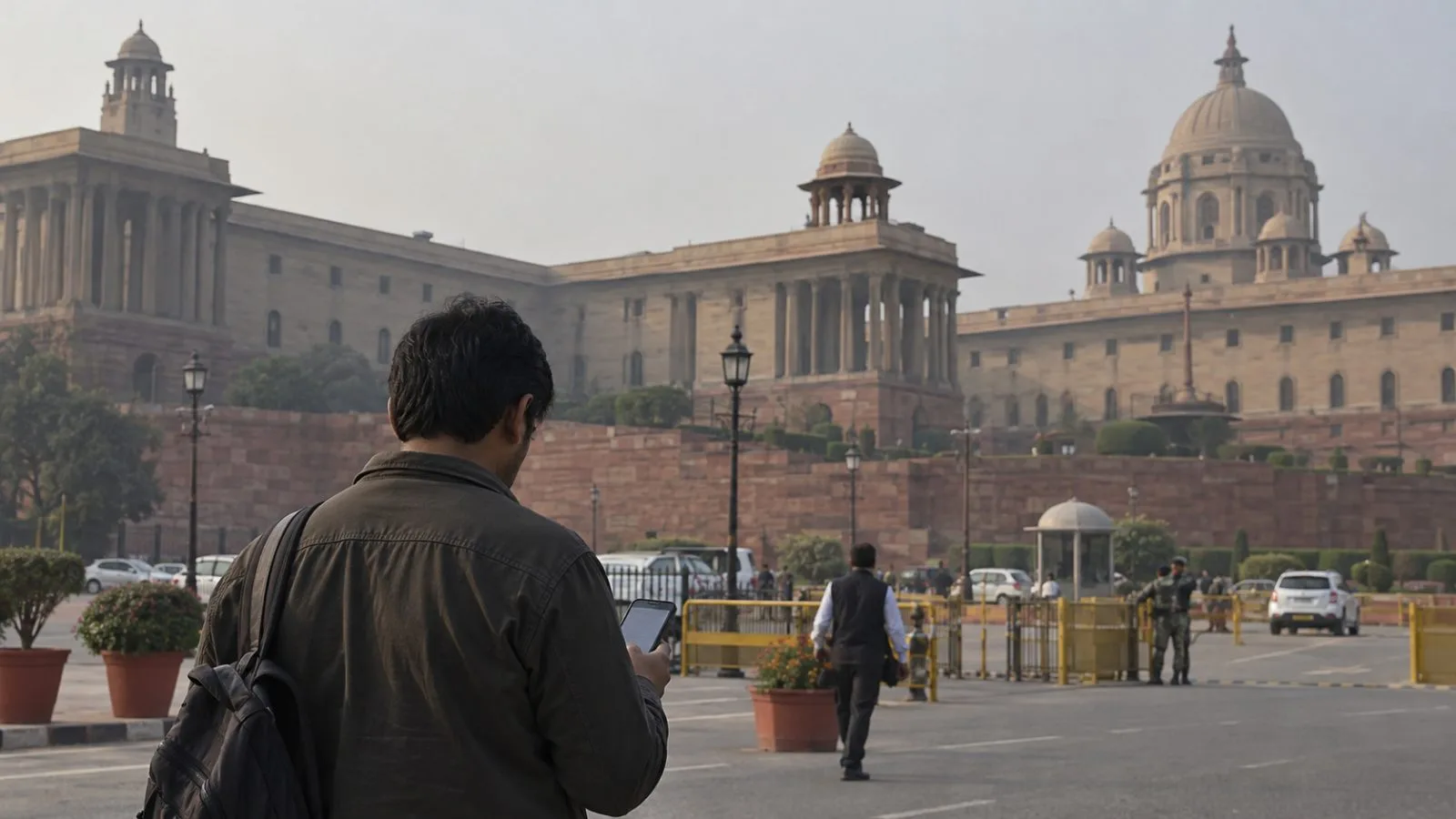 A person checks a smartphone outside the Ministry of Home Affairs in New Delhi. (AI-generated image / EconoTimes)