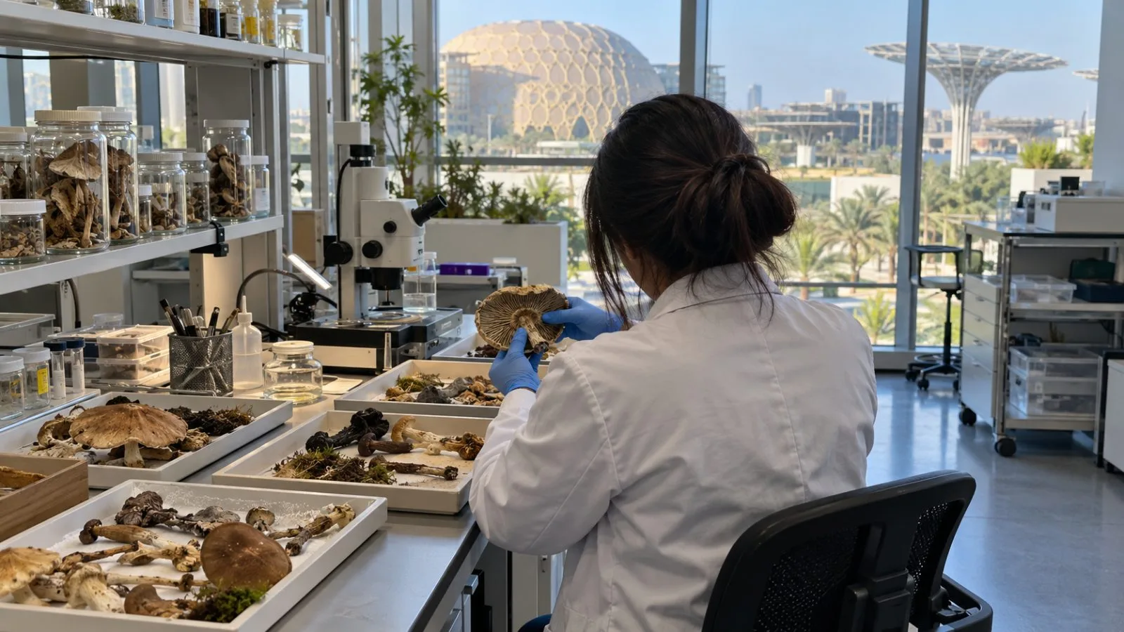 A researcher examines preserved fungi specimens at Terra, Expo City Dubai, United Arab Emirates. (AI-generated image / EconoTimes)