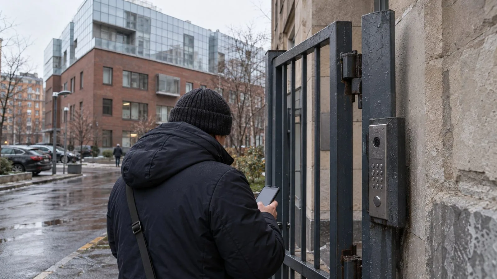 A resident checks a phone beside a residential access gate in Moscow, Russia. / EconoTimes.ai