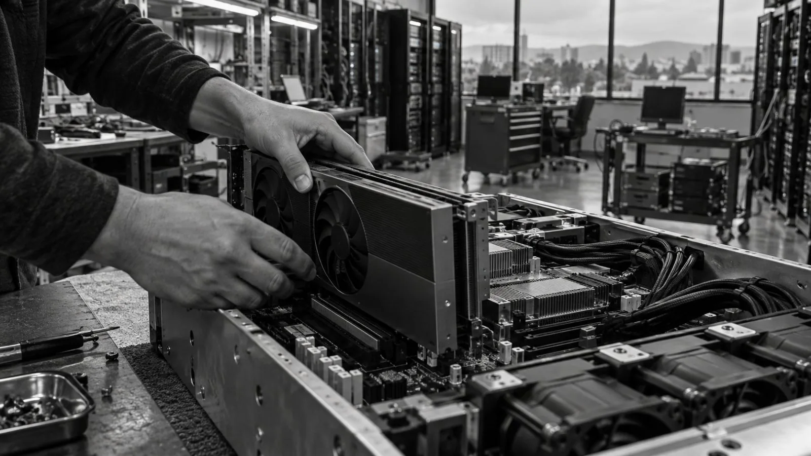 A technician seats a GPU accelerator in a data-center test chassis in San Mateo, California. (AI-generated image / EconoTimes)
