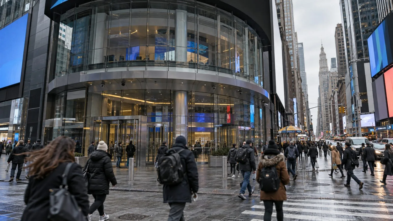 Pedestrians pass the Nasdaq MarketSite in New York City's Times Square. (AI-generated image / EconoTimes)