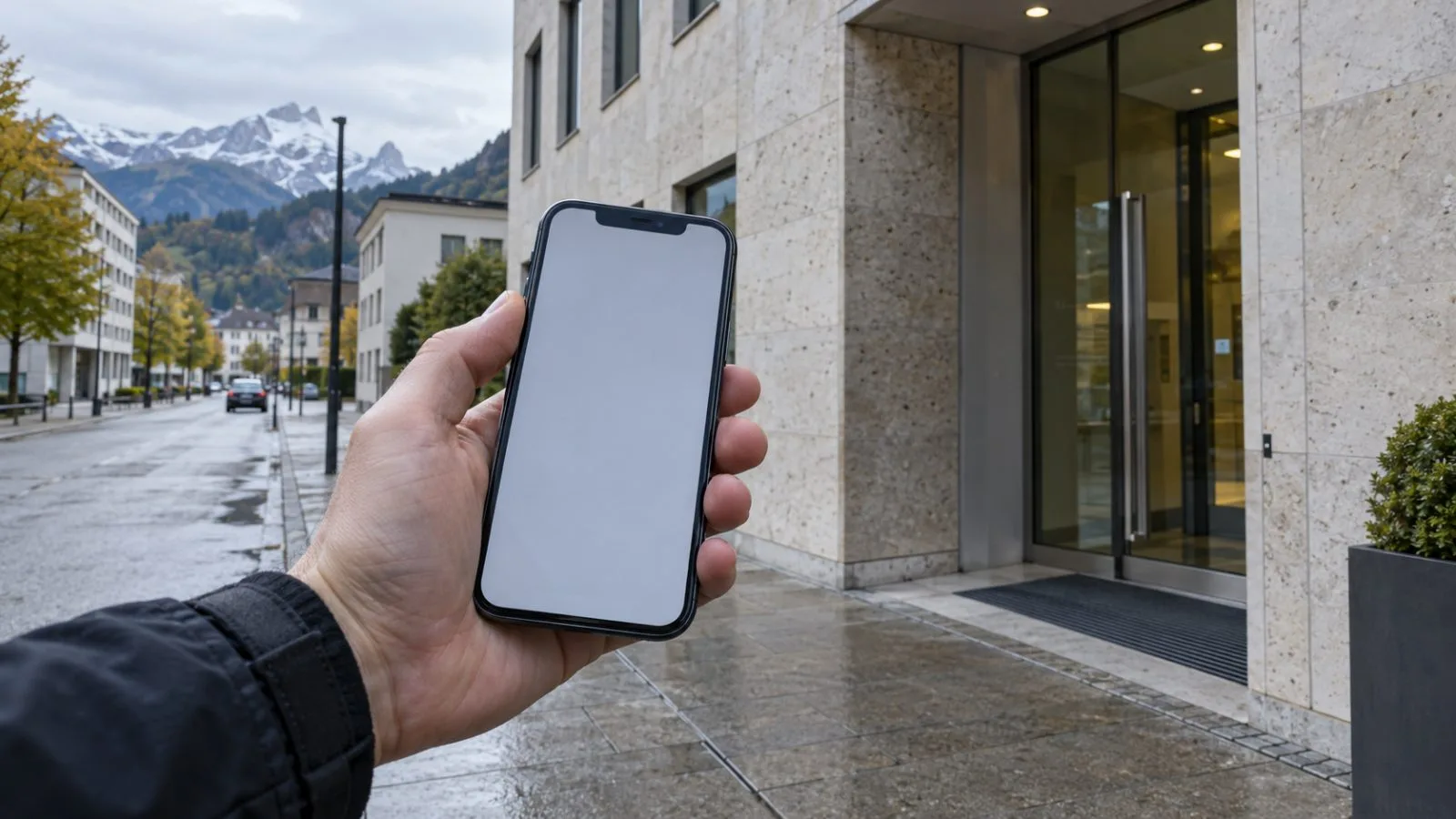 A hand holds a smartphone outside a commercial building in Vaduz, Liechtenstein. (AI-generated image / EconoTimes)