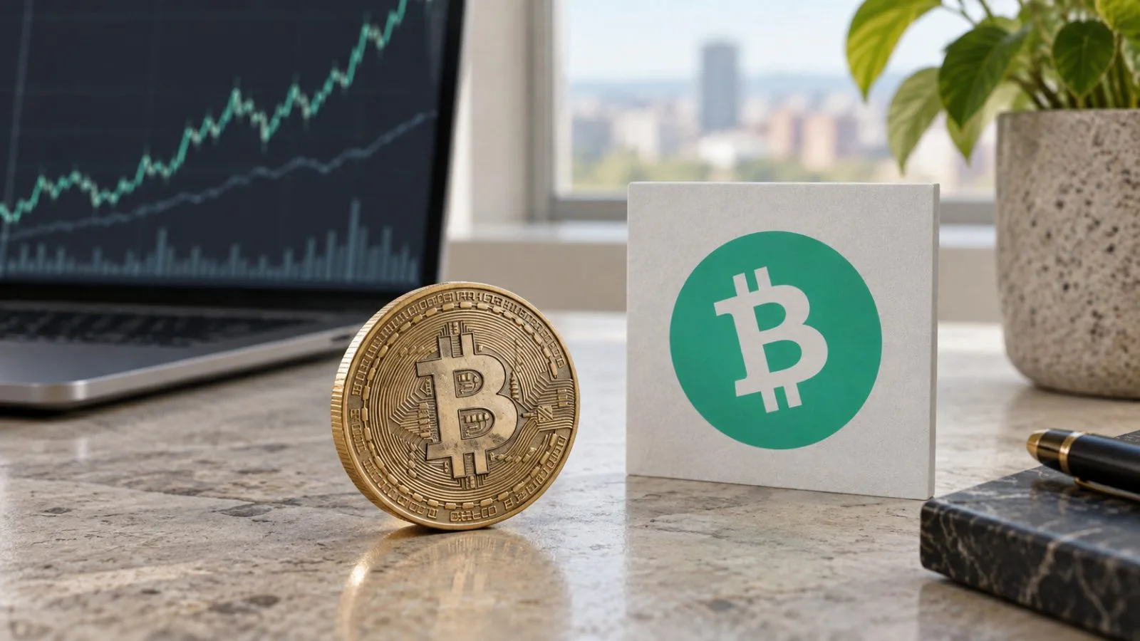 A Bitcoin Cash coin sits beside an unlabeled market display on a pale studio surface. / EconoTimes.ai