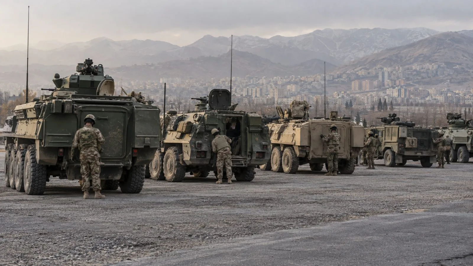 Iranian soldiers inspect armored vehicles at a military training ground in Tehran. (AI-generated image / EconoTimes)
