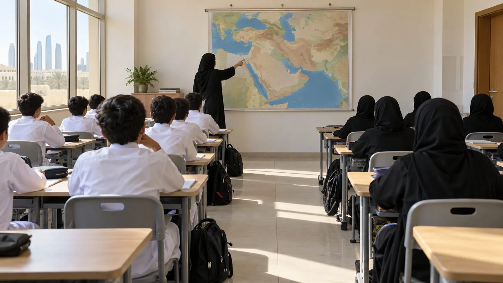 An instructor leads a lesson in a private-school classroom in Abu Dhabi, United Arab Emirates. (AI-generated image / EconoTimes)