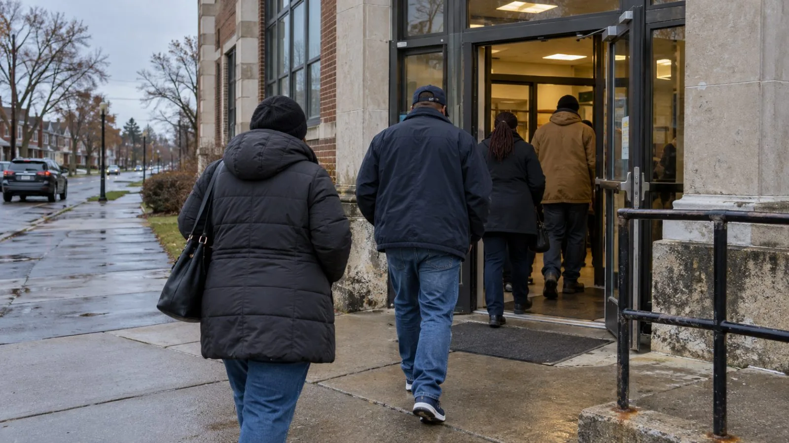 Voters enter an early-voting site in Detroit, Michigan, on an overcast afternoon. (AI-generated image / EconoTimes)