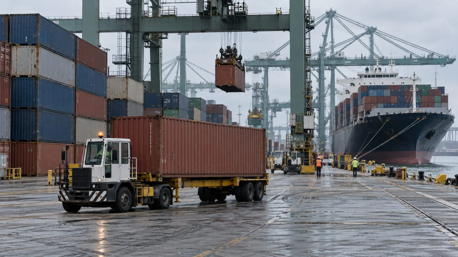 A port tractor moves freight containers at the Port of Los Angeles, California. (AI-generated image / EconoTimes)