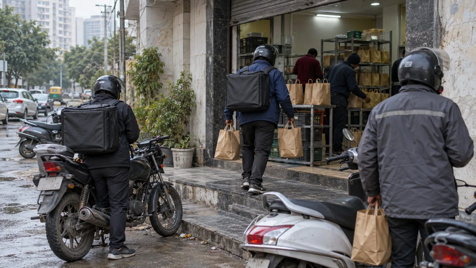 Delivery riders collect grocery bags outside a fulfillment store in Gurugram, India. (AI-generated image / EconoTimes)