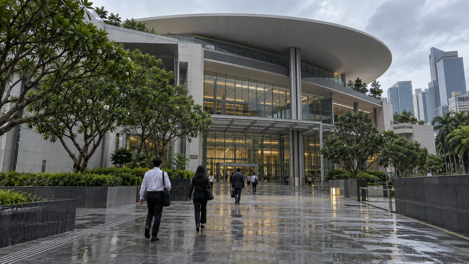 Visitors approach a courthouse entrance in Singapore under an overcast sky. (AI-generated image / EconoTimes)